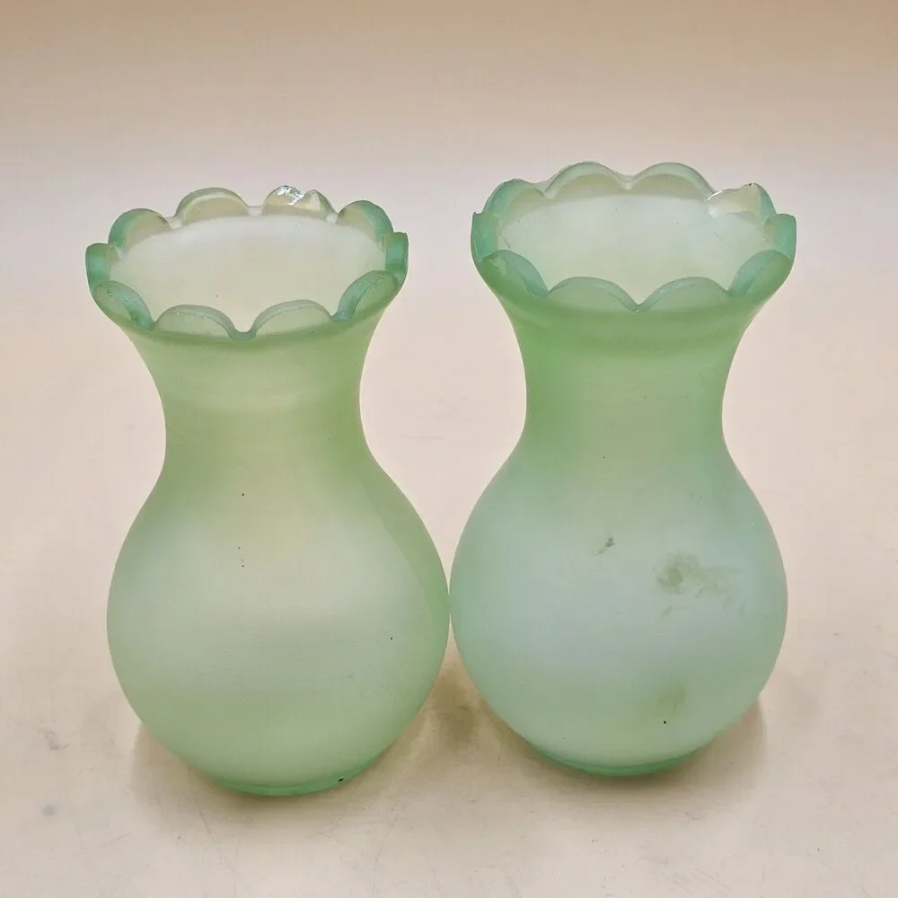 Vintage Viking Glass Frosted Green Uranium Glass Vases 6.25